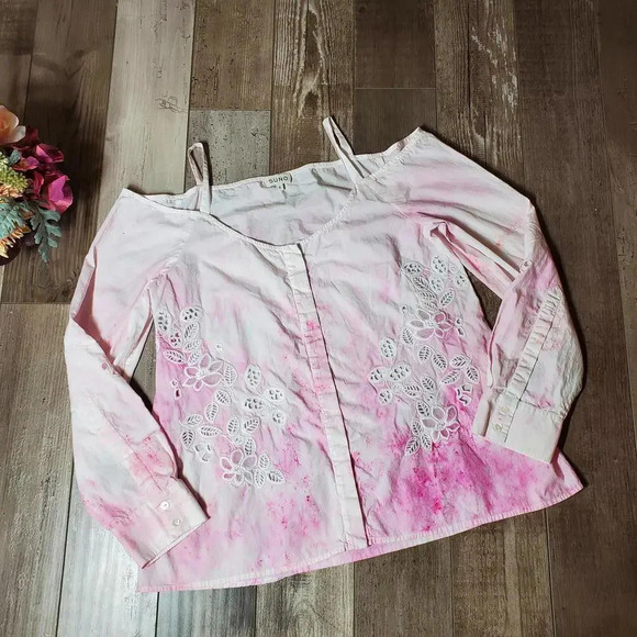 SUNO Pink and White Tie-Dye Watercolor Lace Embroidery Cold Shoulder Top NWOT - Picture 3 of 12